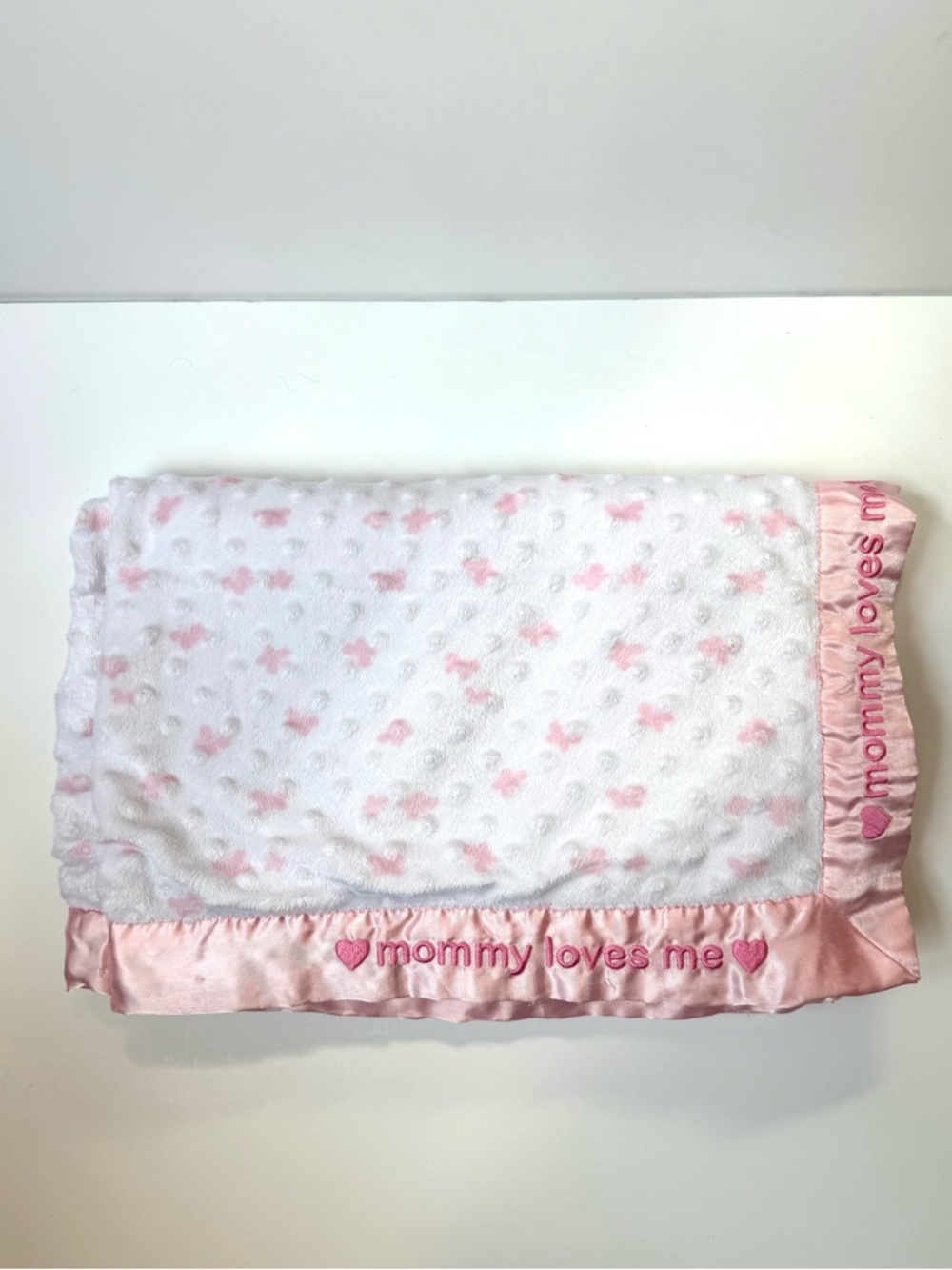 Just One You Pink Mommy Loves Me Hearts Baby Blanket Minky Dots Satin Trim